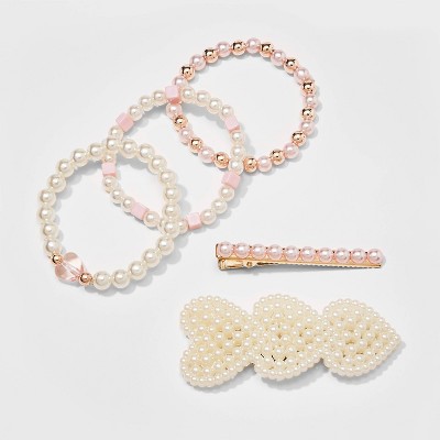 Girls' 5pk Pearl Barrettes and Beaded Bracelet Set - Cat & Jack™ Off-White