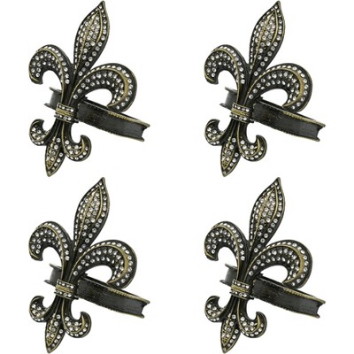 Black Fleur-de-Lis Napkin Rings with Stones - Set of 4