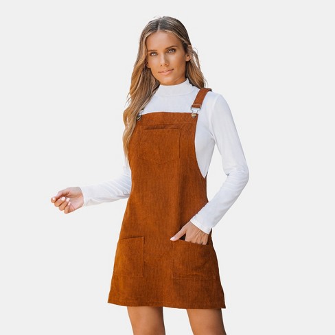  Dresses for Women - Single Breasted Patch Pocket Cord Overall  Dress (Color : Camel, Size : Large) : Clothing, Shoes & Jewelry