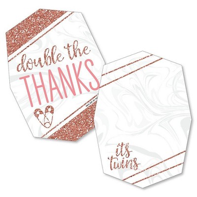 Big Dot of Happiness It's Twin Girls - Shaped Thank You Cards - Pink and Rose Gold Twins Baby Shower Thank You Note Cards with Envelopes - Set of 12