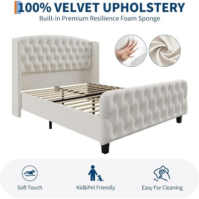 Homhougo 51" Tall King Size Bed Frame with Deep Button Tufted Wingback Headboard and Footboard Velvet Upholstered Platform Bed Frame Cream