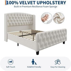 Homhougo 51" Tall King Size Bed Frame with Deep Button Tufted Wingback Headboard and Footboard Velvet Upholstered Platform Bed Frame Cream - 1 of 4