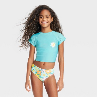 Girls' 3pc Spring Blooms Swimwear Set - Cat & Jack™ Light Aqua