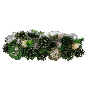 Northlight 13" Green Pinecone and Silver Glitter Ornaments Christmas Tealight Candle Holder - 1 of 4