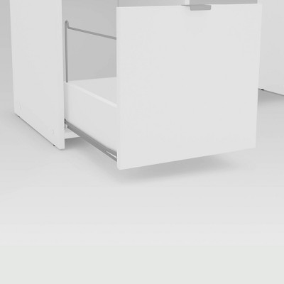 White Compact Writing Desk with Drawers and Shelf