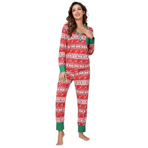 Christmas Pajamas for Women Front Button Neck V neck Holiday Pajamas with Chest Pocket - 1 of 4