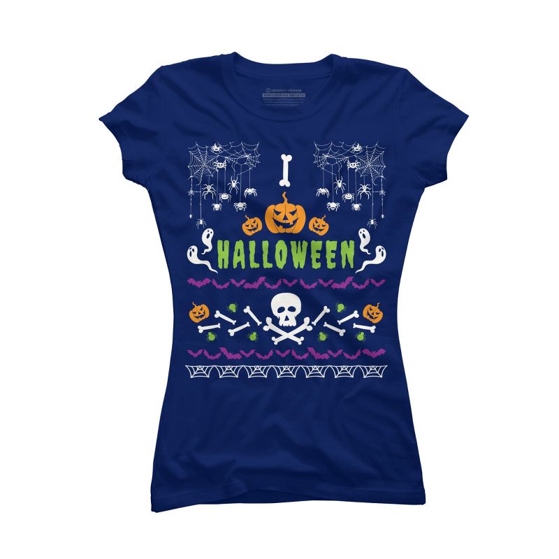 Junior's Design By Humans Halloween Lover Ugly Sweater By machmigo T-Shirt, 1 of 4