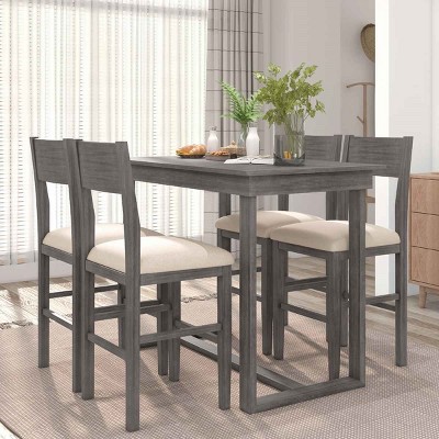 5 Piece Farmhouse Counter Height Dining Set,47'' Rectangular Wood Dining Table and 4 Upholstered Chairs,Small Space Dining Table Set-Coolbibila