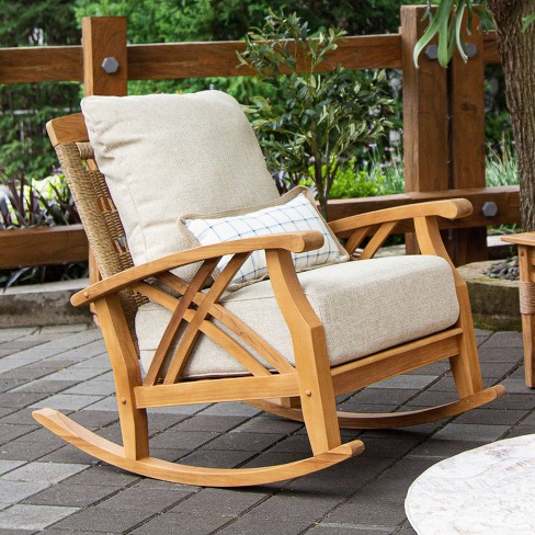 Cambridge Casual Carmel Teak Wood Outdoor Patio Rocking Chair With Tan Cushion Target