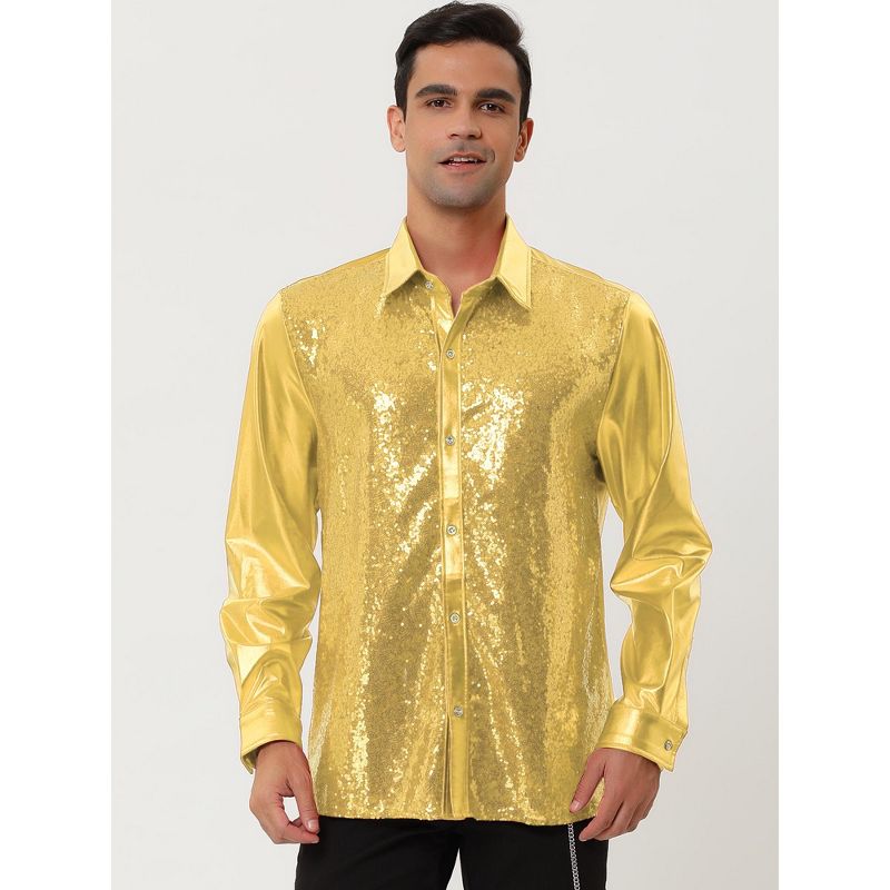 Lars Amadeus Men's Shiny Sequins Slim Fit Long Sleeves Button Down Disco Party Shirt, 2 of 7