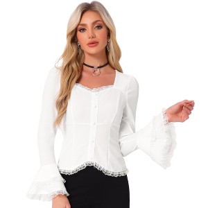 Allegra K Women's Flare Bell Sleeve Lace Square Neck Button Down Shirt - 1 of 4