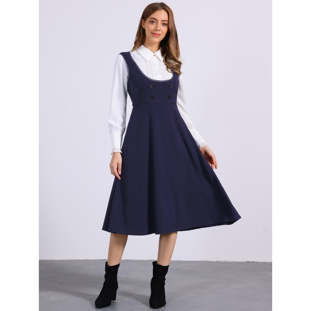 Женские платья INSPIRE CHIC Women's Lace Trim Button Decor Midi Pinafore Dresses with Pockets Dark Blue X-Large — фото 4