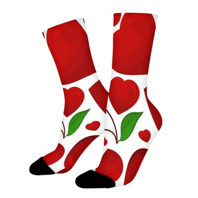 Hearts And Cherries Women Printed Crew Socks Funny Funky Socks Soft Polyester Novelty Gifts for Artists Men