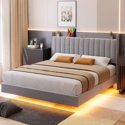 Whizmax King/Queen/Full Size Floating Bed Frame with LED Lights, Upholstered Platform Full Bed Frame with Charging Station, No Box Spring Needed,Gray