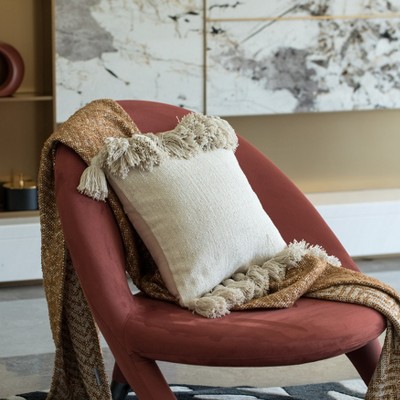Handwoven Natural Cotton Throw Pillow with Tassels, 17"