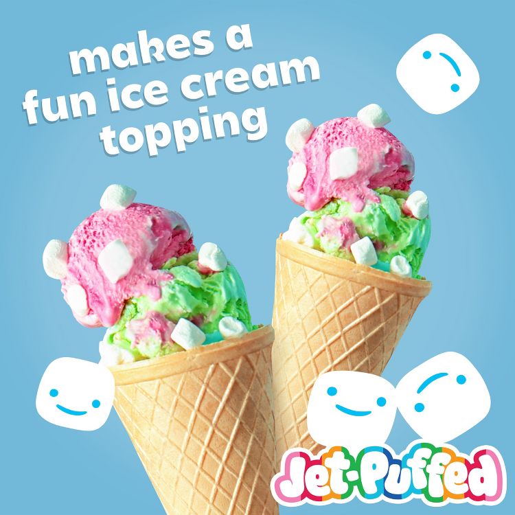 Two ice cream cones with pink and green scoops topped with small white marshmallows, surrounded by smiling marshmallow illustrations and the text "makes a fun ice cream topping" on a blue background.