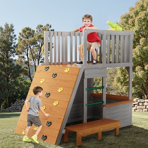 Racxily Kids Playhouse Outdoor, Wooden Play House Play Set for Kids¨C Large, Sturdy, Realistic Design with Lookout Post, Telescope and Climb Ramp - 1 of 4