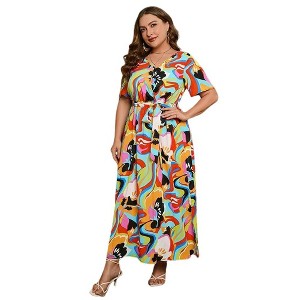 Plus Size Women's V Neck Maxi Dress Belted Waist Flowy Ankle Length Casual Elegant Party Dress - 1 of 4