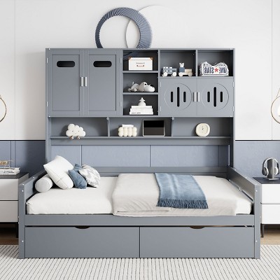 Full Size Platform Daybed, Storage Bed with Built-in Cabinet and Shelf and Drawers, Wood Frame Bookcase Bed for Bedroom-Baofuwish