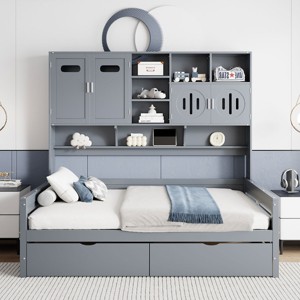Full Size Platform Daybed, Storage Bed with Built-in Cabinet and Shelf and Drawers, Wood Frame Bookcase Bed for Bedroom-Baofuwish - 1 of 4