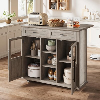 41" Mobile Farmhouse Storage Island,Rolling Kitchen Island with Drop Leaf - with 2 Glass Door Cabinets, 3 Open Shelves & 2 Drawers for Dining Room