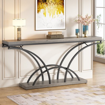 70.9" Gray Faux Marble Console Table with Black Metal Legs