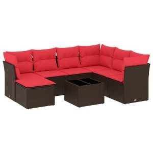 vidaXL 8 Piece Patio Sofa Set with Cushions Brown and Red Poly Rattan - With Table - 1 of 4