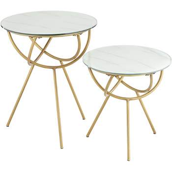 Studio 55D Mayflower Modern Metal Round Nesting Tables Set of 2 Gold Marbleized Tempered Glass Tabletop for Living Room Bedroom Bedside Entryway House