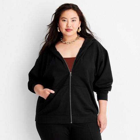 Black zip up hoodie womens plus size sale