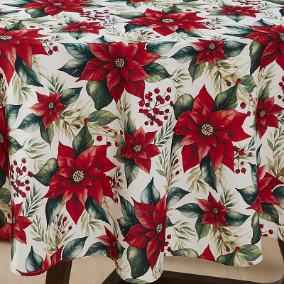 Poinsettia Red and Green Polyester Round Holiday Tablecloth