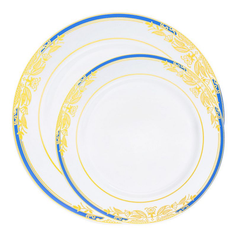 Smarty Had A Party White with Blue and Gold Harmony Rim Plastic Dinnerware Value Set (120 Dinner Plates + 120 Salad Plates), 1 of 8