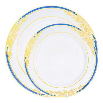 Smarty Had A Party White with Blue and Gold Harmony Rim Plastic Dinnerware Value Set (120 Dinner Plates + 120 Salad Plates)