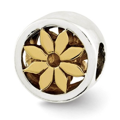 Black Bow Jewelry Sterling Silver and 14k Gold Plated Flower Cylinder Bead Charm, 10mm