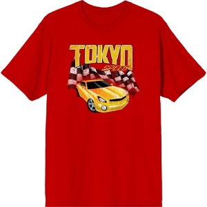 Car Fanatic - Tokyo Speed Racing Flag and Yellow Car Adult Crew Neck Short Sleeve Tee - 1 of 2