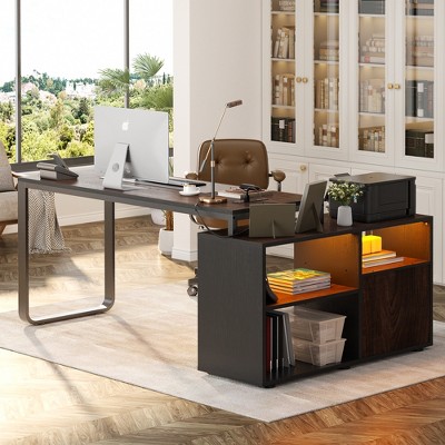 Aheaplus 62" L Shaped Computer Desk with File Drawer, LED Lights