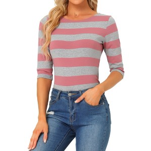 INSPIRE CHIC Women's Stripes Casual Basic Elbow Sleeves Boat Neck Slim Fit T-Shirts - 1 of 4