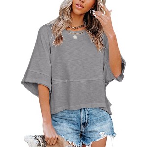 Imily Bela Women's Half Sleeve T-Shirts Solid Color Loose Flowy Tops T-shirt - 1 of 3