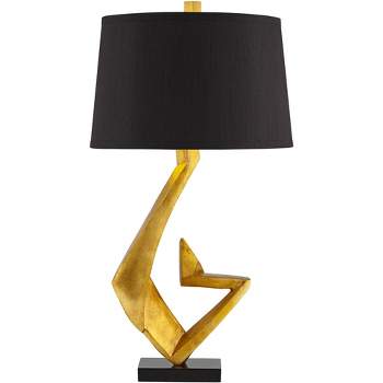 Possini Euro Design Zeus Modern Mid Century Table Lamp 28 1/2" Tall Sculptural Gold Leaf Metal Black Drum Shade Bedroom Living Room Bedside Nightstand