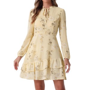 INSPIRE CHIC Women's Summer Floral Layered Tie V-Neck Semi-Sheer Long Sleeve Mini Dress - 1 of 4