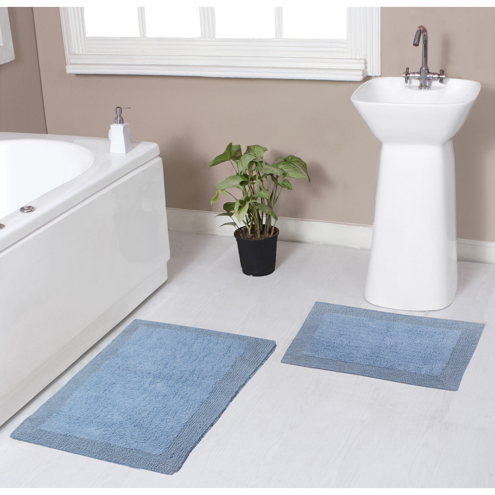 Luxury Reversible Bathroom Rugs Set, Washable Rug, Soft Cotton Extra Soft and Absorbent bath Rug, Non-Slip Bath Mat Set, 2 Pcs Set(S+M), Blue