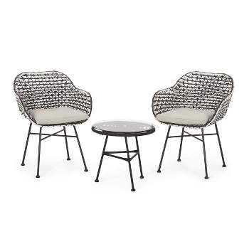 Beulah 3pc Patio Wicker Chat Set - White/Beige/Black - Christopher Knight Home