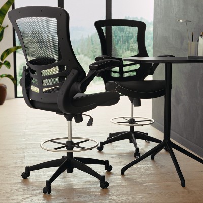 ErgoComfort 51" Black Mesh & Leather Drafting Chair with Adjustable Arms