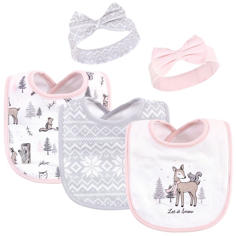Hudson Baby Infant Girl Cotton Bib and Headband Set 5pk, Winter Forest, One Size, 1 of 9