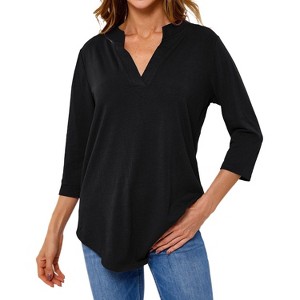 Nlife Women V Neck Solid Color Blouses Relaxed Fit 3/4 Sleeve Curved Hem Tunics Tops - 1 of 4