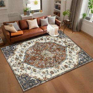 Floral Area Rug, Washable Non-Slip Indoor Carpet ¨C Vintage 5x8 Low Pile Rug for Living Room, Bedroom, Kitchen - 1 of 4
