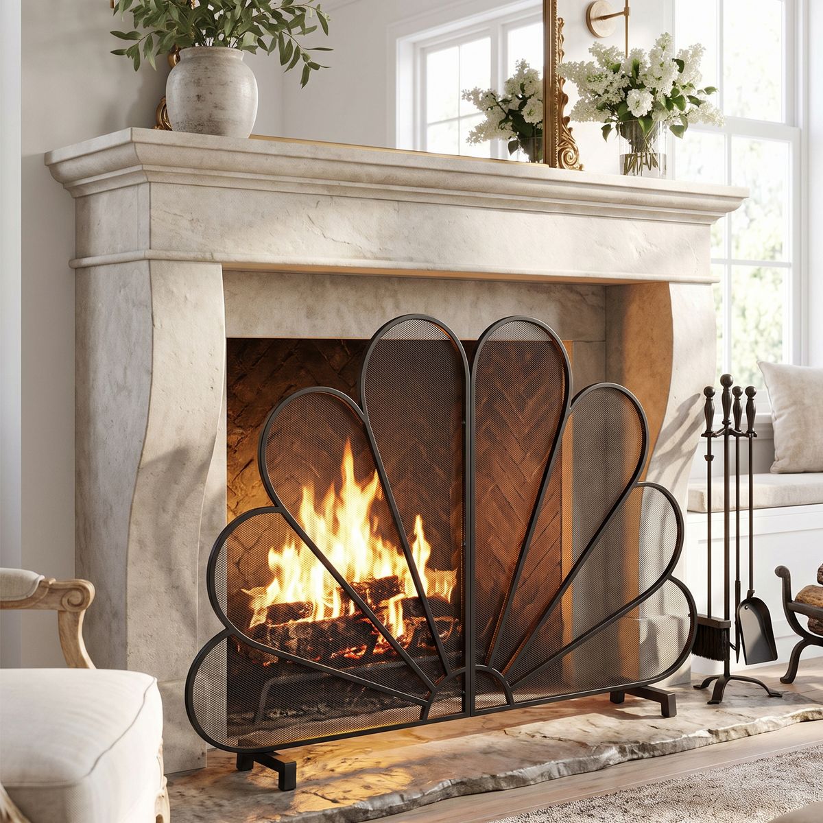 Christopher Knight Home Joren Modern Iron Freestanding Fireplace Screen with Fan‑Shaped Peacock Design - thumbnail 2