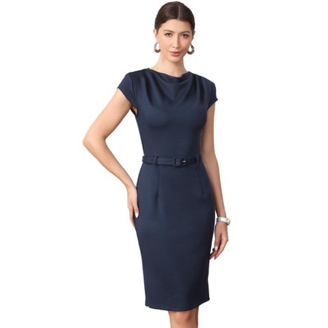 Женские платья INSPIRE CHIC Women's Cowl Neck Cap Sleeve Stretch Work Belted Bodycon Midi Dresses Medium Dark Blue