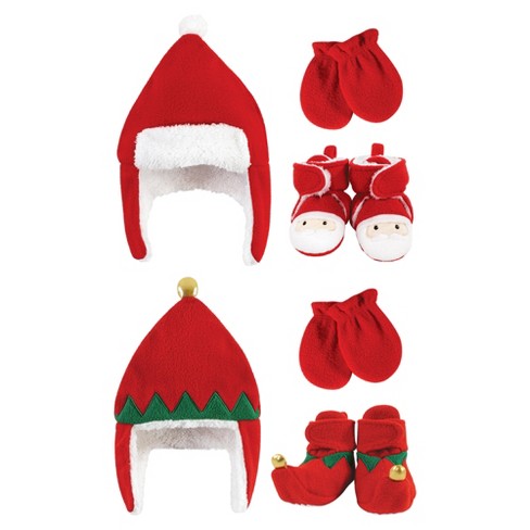 Hudson Baby 6pc Trapper Hat, Mitten And Bootie Set, Santa Red Elf