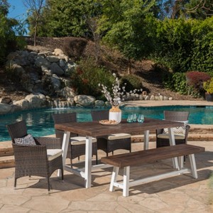GDFStudio Preston Outdoor Acacia Wood and Wicker 6 Piece Dining Set - 1 of 4