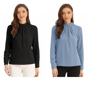 INSPIRE CHIC Women's Business Casual Stand Collar Chiffon Long Sleeve Blouse 2 Packs - 1 of 4